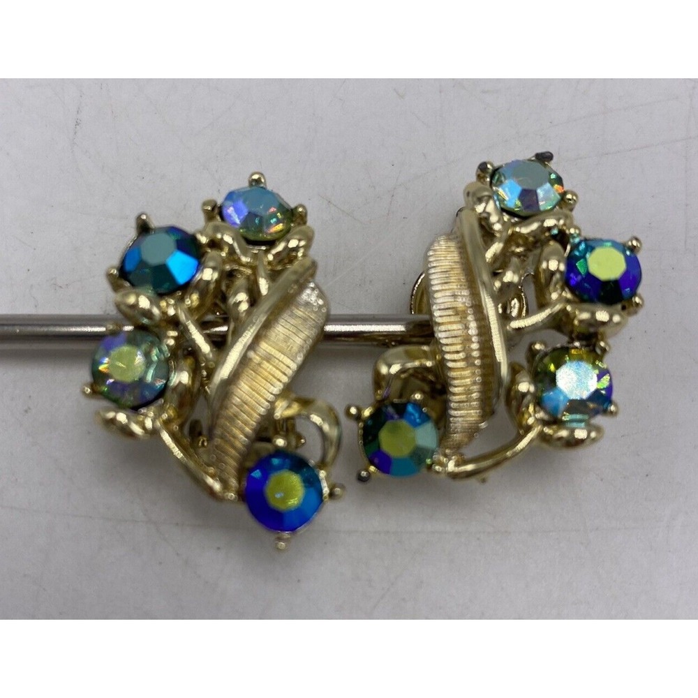 Vintage Clip Earrings Blue Green Rhinestone AB Estate Iridescent